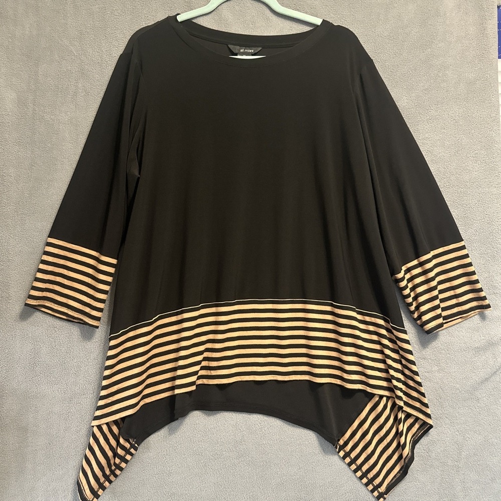 Ali Miles Stretch Jersey‎ Knit Top Plus Size 1X Black Gold Striped Asymmetrical